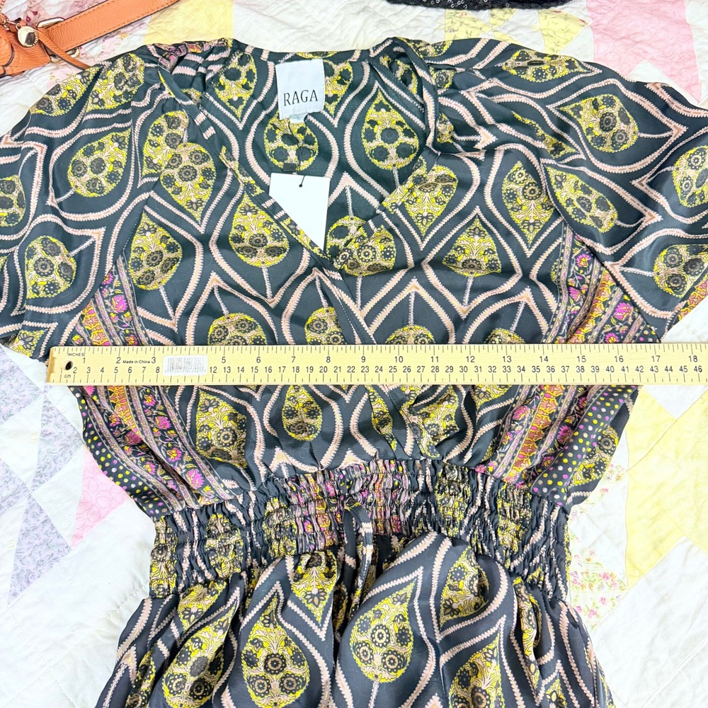 NEW Raga Asmee Maxi Dress Small Black Gold Boho Paisley Smocked V-Neck Long Slv - Picture 12 of 13